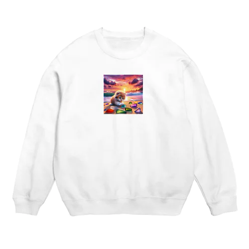 夕日の中シーガラスで遊ぶ子猫 Crew Neck Sweatshirt