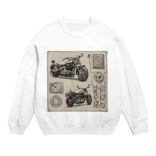 クラシックバイクの設計図と計器類 Crew Neck Sweatshirt