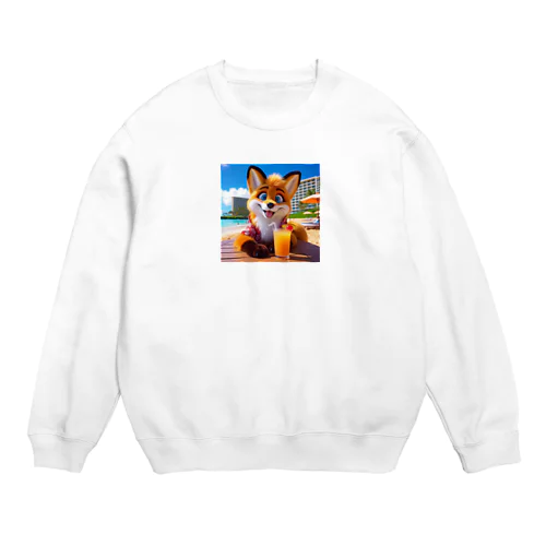 ハワイのリゾートビーチでトロピカルドリンクを飲んでいる陽気なキツネ④ Crew Neck Sweatshirt