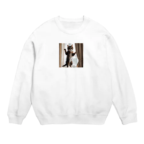 カーテンと遊ぶ愛らしい猫ちゃん Crew Neck Sweatshirt