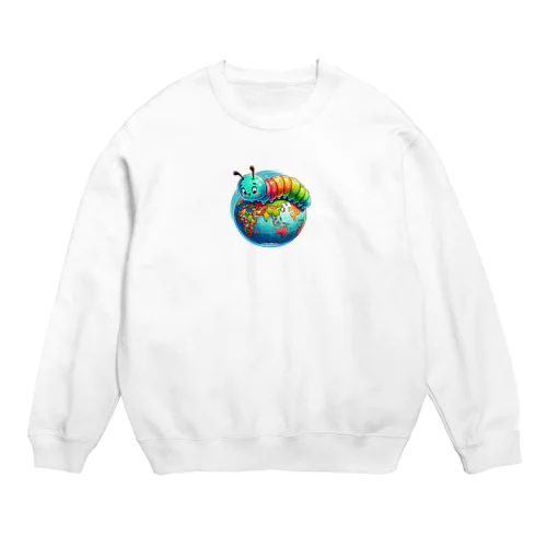 地球儀に乗ってる可愛い芋虫キャラクターです Crew Neck Sweatshirt