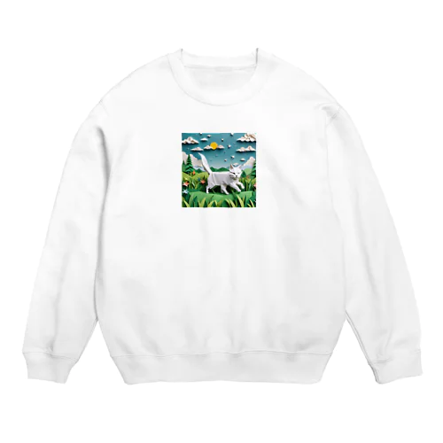 折り紙　草原を駆け回っている猫 Crew Neck Sweatshirt