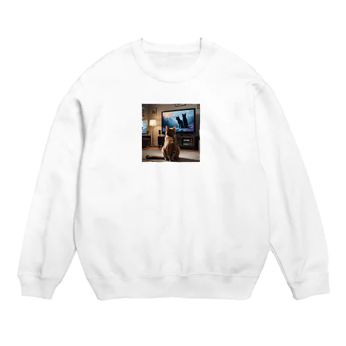 テレビを見るネコ Crew Neck Sweatshirt