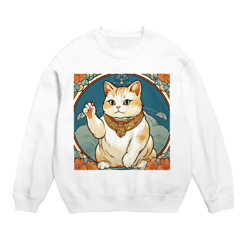 夜のミュシャ風招き猫 Crew Neck Sweatshirt