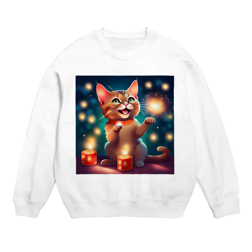 花火で遊ぶかわいい猫ちゃん Crew Neck Sweatshirt