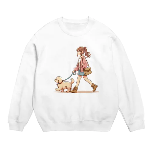 かわいい犬と散歩をする女性 Crew Neck Sweatshirt