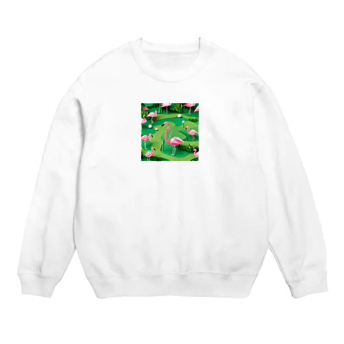 ゴルフをするフラミンゴの折り紙 Crew Neck Sweatshirt