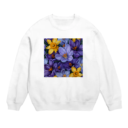 紫色のクロッカスの花　黄色のダッフォディルの花　イラスト Crew Neck Sweatshirt