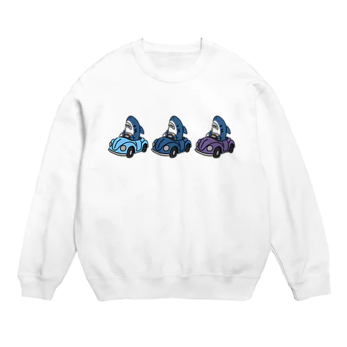 3色のクルマに乗るサメ　青・紫系 Crew Neck Sweatshirt