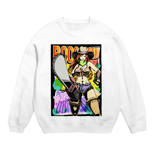 アメリカンコミック（アメコミ）風 セクシーなチェーンソーを持ったカウガール Crew Neck Sweatshirt