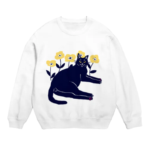 花と黒猫 Crew Neck Sweatshirt