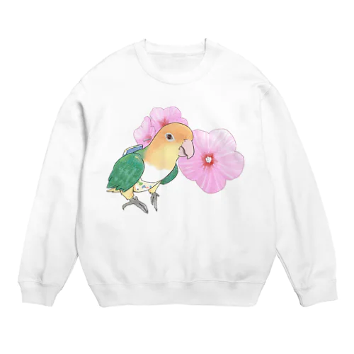 お花とシロハラインコちゃん【まめるりはことり】 Crew Neck Sweatshirt