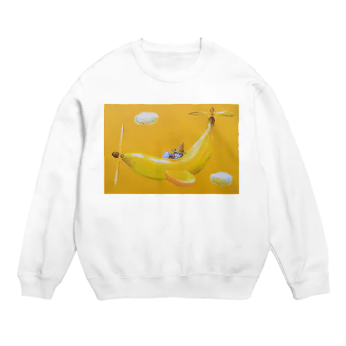 麦藁帽子をかぶった猫　空飛ぶバナナ Crew Neck Sweatshirt