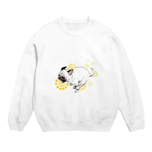 パグ走りと黄色い幸せの花 Crew Neck Sweatshirt