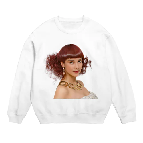 巻き毛と濃い茶色の目を持つ美しい女性。 Crew Neck Sweatshirt