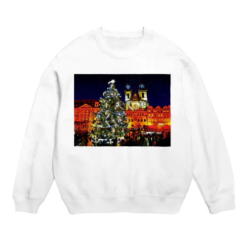 プラハ 夜のクリスマスツリーとティーン教会 Crew Neck Sweatshirt