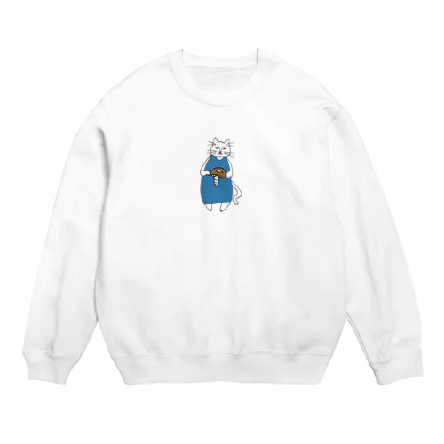 巻きしいたけ柄マキシ丈ワンピを着た猫 Crew Neck Sweatshirt