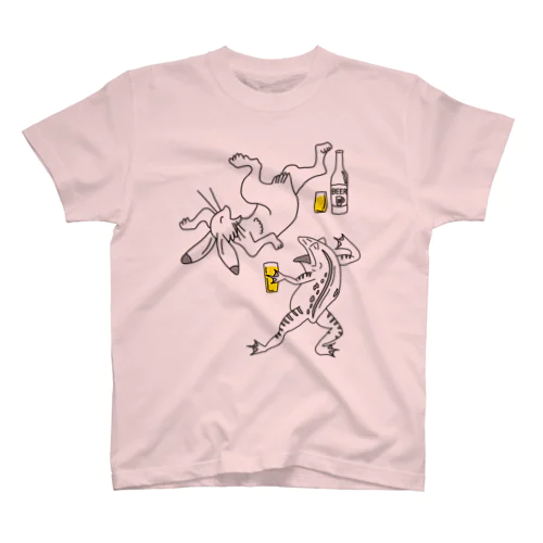 名画 × BEER：フロントプリント・背面ロゴ入（鳥獣戯画）黒線画 Regular Fit T-Shirt