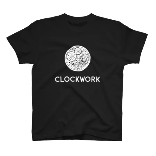 時計仕掛けのイラスト(白黒)とCLOCKWORKロゴ(白文字) スタンダードTシャツ
