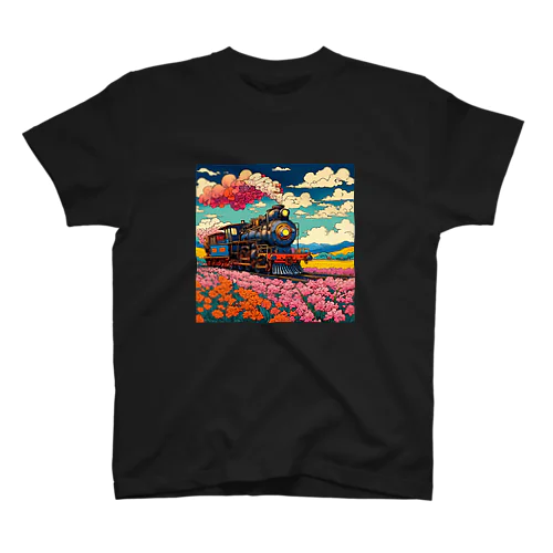 日本の風景:花畑の中をはしるSL 蒸気機関車、Japanese senery: SL steam locomotive running through a flower field Regular Fit T-Shirt