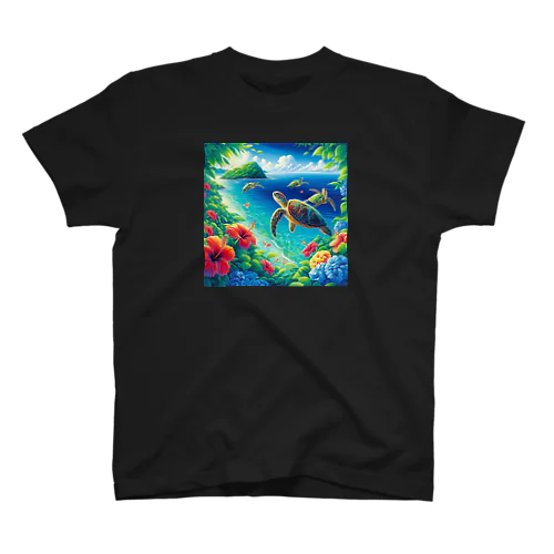 日本の風景:沖縄渡嘉志久ビーチの泳ぐ海がめ、Japanese scenery: Sea turtles swimming at Tokashiki Beach,Okinawa スタンダードTシャツ