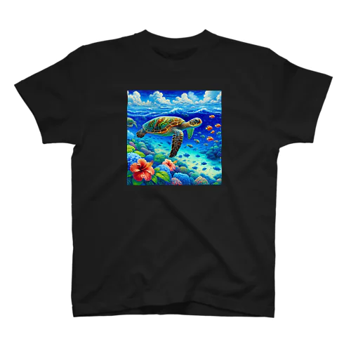 日本の風景:沖縄渡嘉志久ビーチの泳ぐ海がめ、Japanese scenery: Sea turtle swimming at Tokashiki Beach, Okinawa スタンダードTシャツ