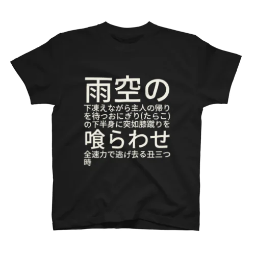 雨空の下凍えながら主人の帰りを待つおにぎり(たらこ)の下半身に突如膝蹴りを喰らわせ全速力で逃げ去る丑三つ時 Regular Fit T-Shirt