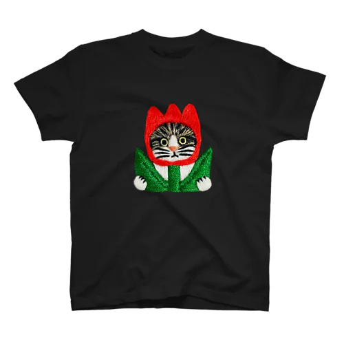 かぶる猫[チューリップ(赤色)ver.](キジ白猫) スタンダードTシャツ