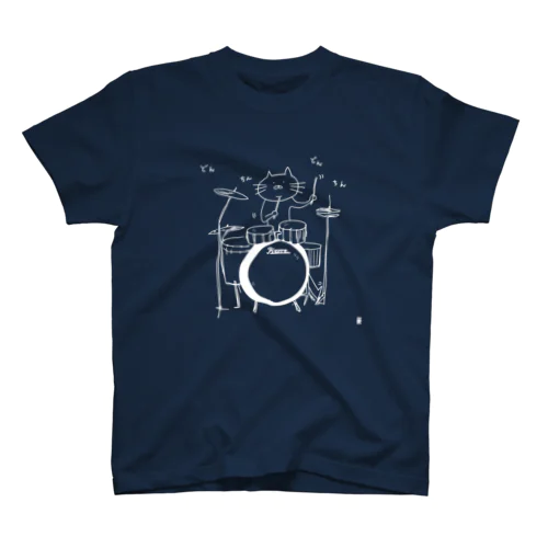 ドラムを叩く猫：線描きver. 티셔츠