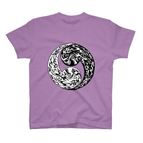 合わせ髑髏二つ巴 黒枠黒白 （オリジナル家紋シリーズ） Regular Fit T-Shirt
