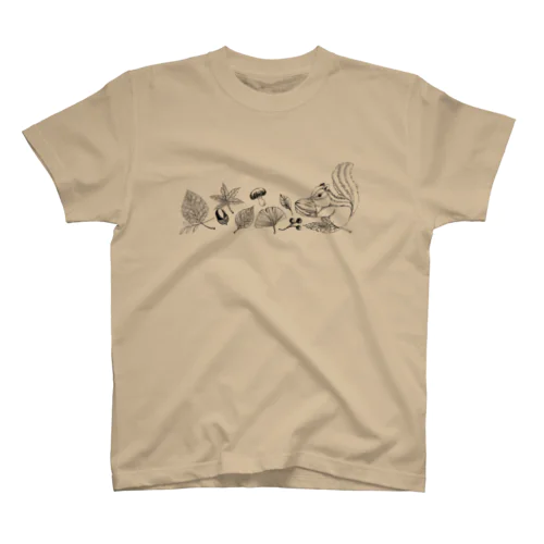 リスと秋の落ち葉 線画バージョン スタンダードTシャツ