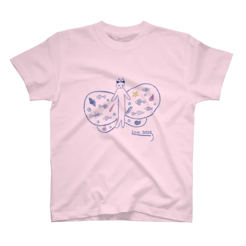 ちょうちょ　ねこ　ブルー スタンダードTシャツ