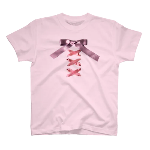 Pink × Lavender Lased-up Ribbon Regular Fit T-Shirt