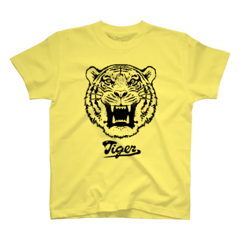虎トラタイガー・白黒・吠える虎顔正面・アニマル・動物・猛獣・猛虎・アイテム・グッズ・かわいい・かっこいい・虎イラスト・TIGER・シンプル・デザイン・完全オリジナルイラスト作品・著作権(C) Regular Fit T-Shirt