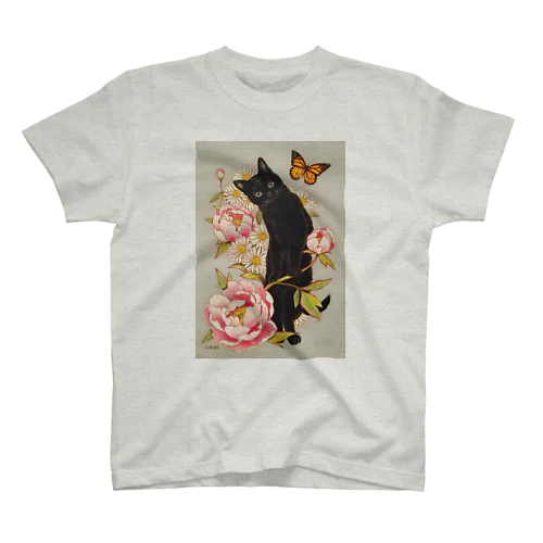 ピンクの牡丹と黒猫 スタンダードTシャツ