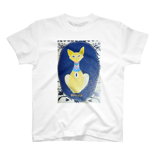 青い背景の金色猫 スタンダードTシャツ