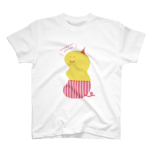 おめでとう3さい（イエロー×ピンク）顔あり スタンダードTシャツ