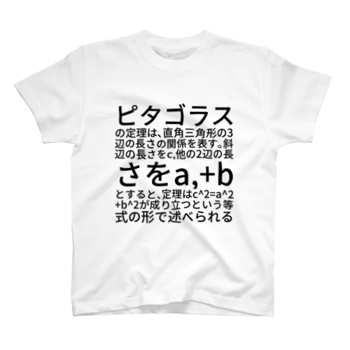 ピタゴラスの定理は､直角三角形の3辺の長さの関係を表す｡斜辺の長さをc,他の2辺の長さをa, bとすると､定理はc^2=a^2+b^2が成り立つという等式の形で述べられる Regular Fit T-Shirt