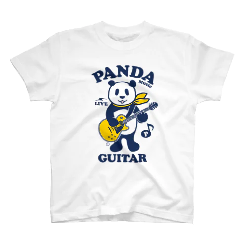 パンダ・ギター・楽器・デザイン・Tシャツ・音楽・動物・グッズ・ギタリスト・GUITAR・Music・楽器演奏パンダ・ギターを弾くパンダ・黄色いギター・かわいいパンダイラスト・絵・オリジナル スタンダードTシャツ