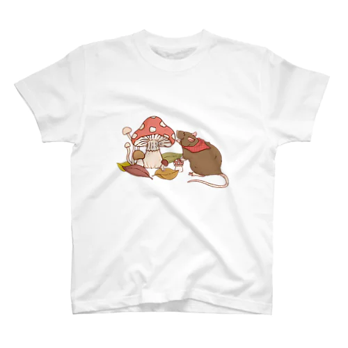 キノコ狩りのネズミ（ブラウン） スタンダードTシャツ