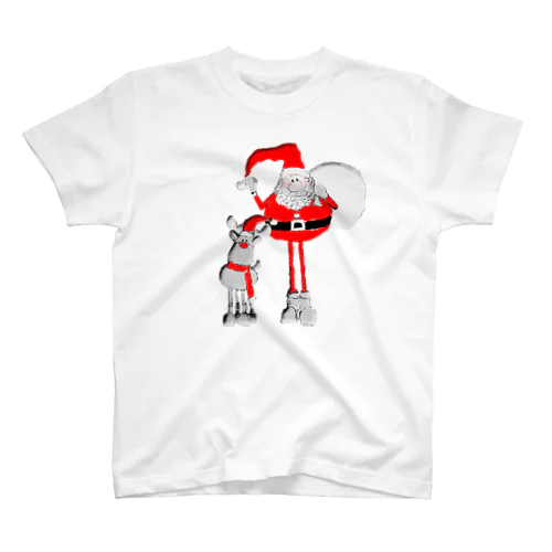 Santa＆Rudolph(モノトーン×赤) Regular Fit T-Shirt