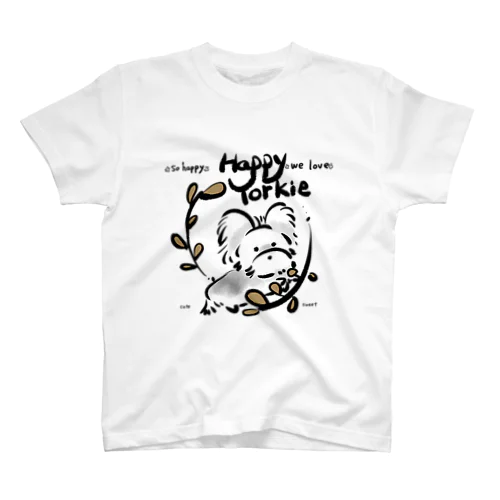 HappyYorkie葉っぱの枠に囲まれた Regular Fit T-Shirt