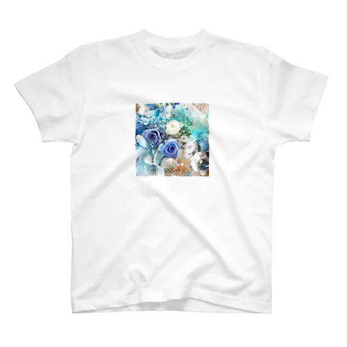 マリンブルーのおしゃれな花柄 Regular Fit T-Shirt