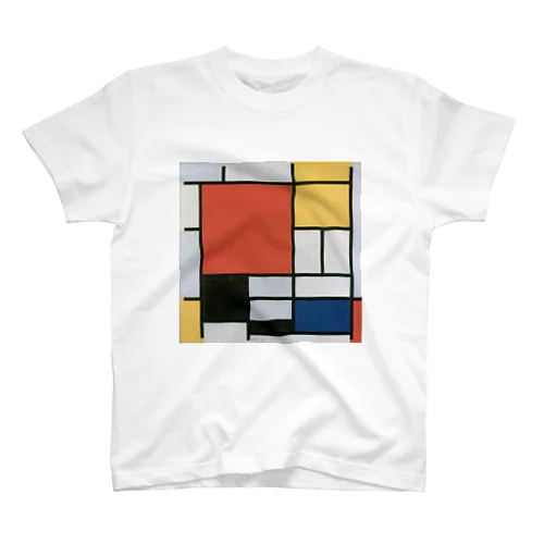 大きな赤の色面、黄、黒、灰、青色のコンポジション / Composition with Large Red Plane, Yellow, Black, Grey and Blue Regular Fit T-Shirt