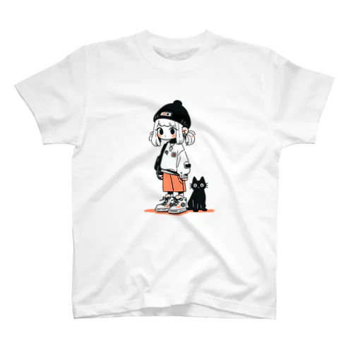 黒猫とニット帽女子　オレンジ Regular Fit T-Shirt