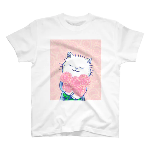 ピンクのラナンキュラスとねこーとさん スタンダードTシャツ