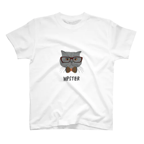 Grey Illustrated Cat Hipster T-Shirt Regular Fit T-Shirt