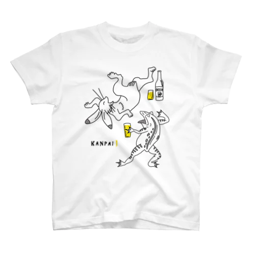 名画 × BEER（鳥獣戯画・イラストMAXサイズ）黒線画 スタンダードTシャツ