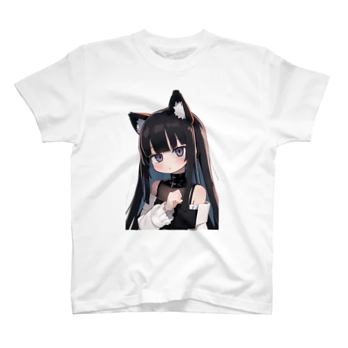 長い黒髪の愛らしい獣耳の少女 スタンダードTシャツ