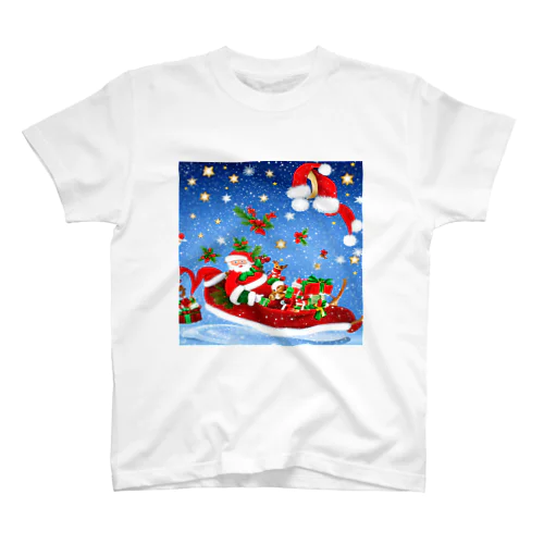 雪降るクリスマスイブにプレゼントを配達するサンタクロースとトナカイ 티셔츠